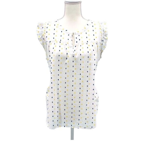 Loft Top Blouse White Blue Yellow Cotton Embroidered Size M - Picture 1 of 5